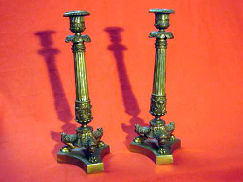 Gilt bronze tripod empire candlesticks