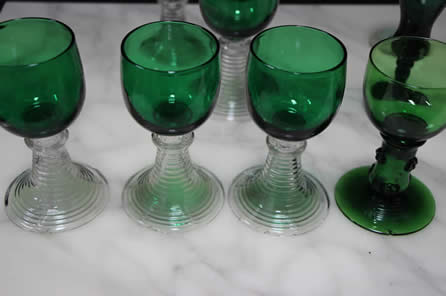 Green Depression Glass Stem Clear Small Cordial Drinking Glasses